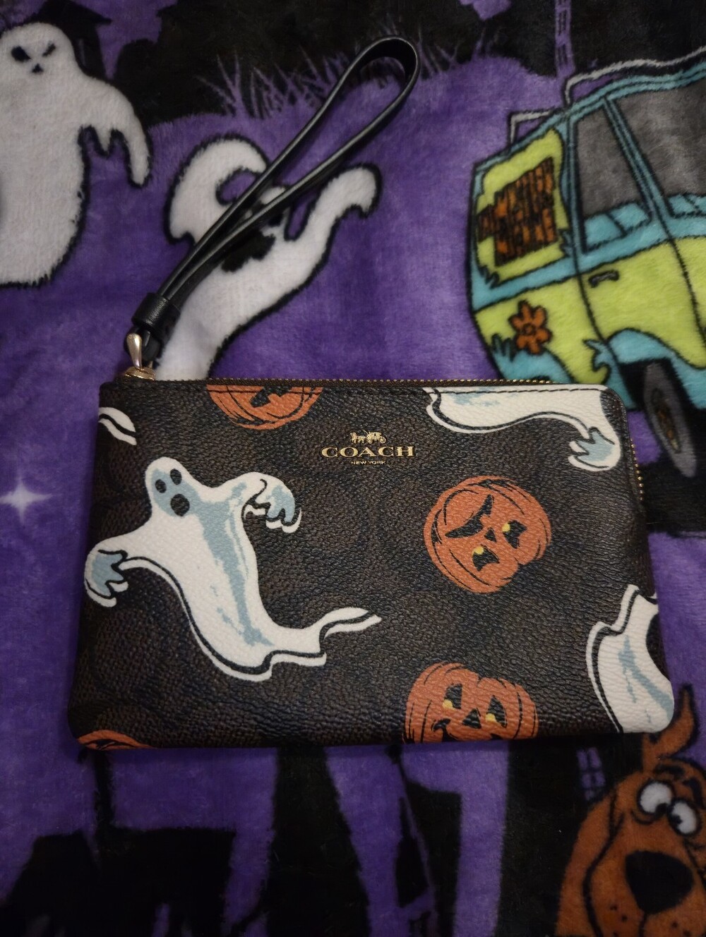Coach Black Halloween Ghost & Pumpkin Wristlet